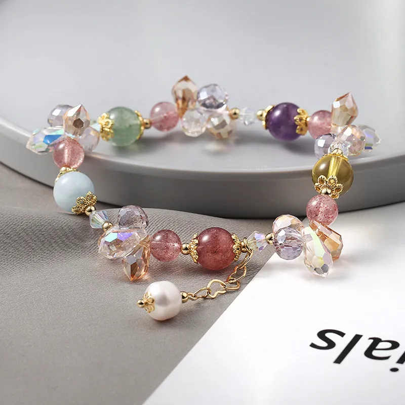 Fortune's Favor Sterling Silver Crystal Bracelet with Strawberry and Sea Blue Crystals and Freshwater Pearls