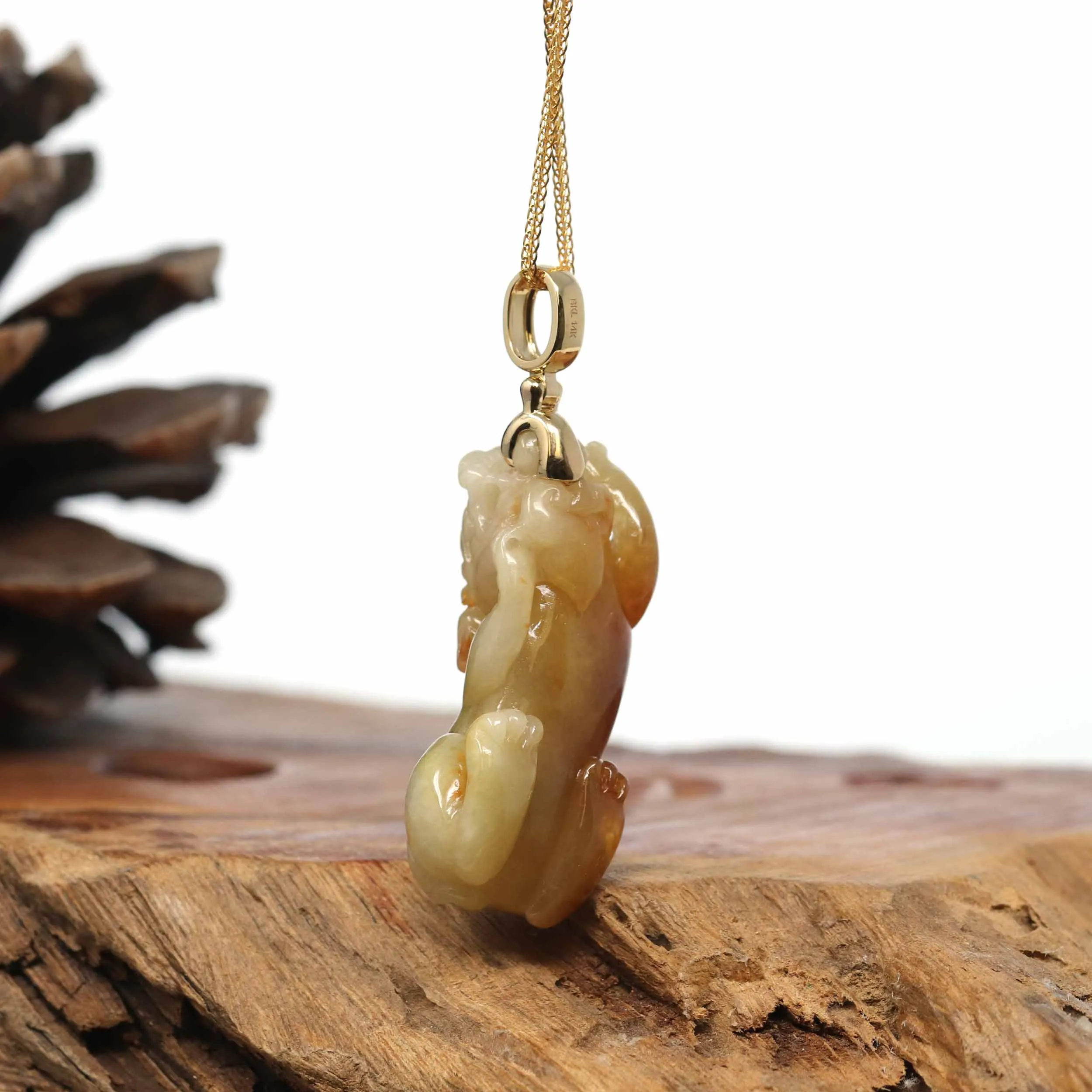 Genuine Burmese Yellow Jadeite Jade PiXiu Pendant Necklace With 18K Gold Bail