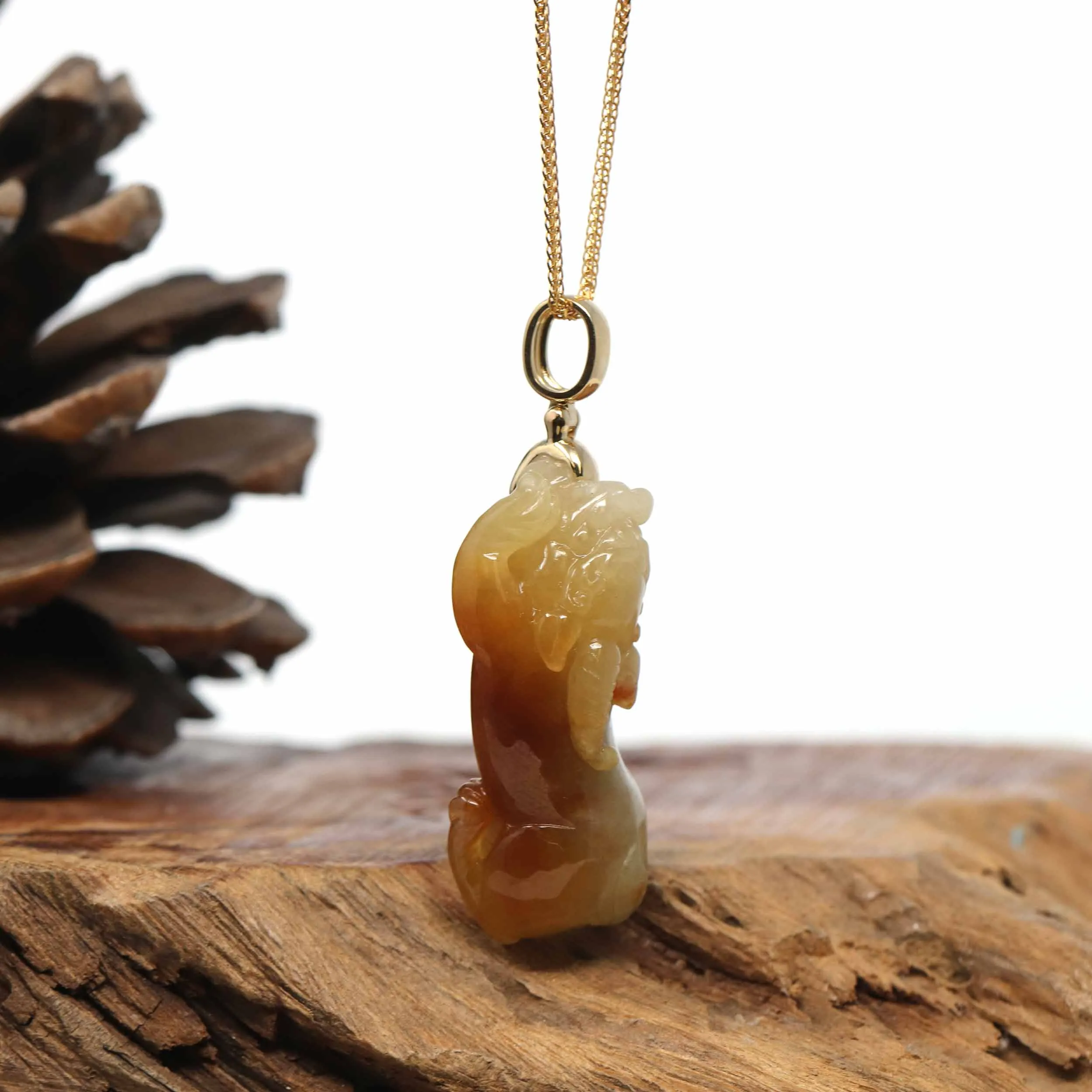 Genuine Burmese Yellow Jadeite Jade PiXiu Pendant Necklace With 18K Gold Bail