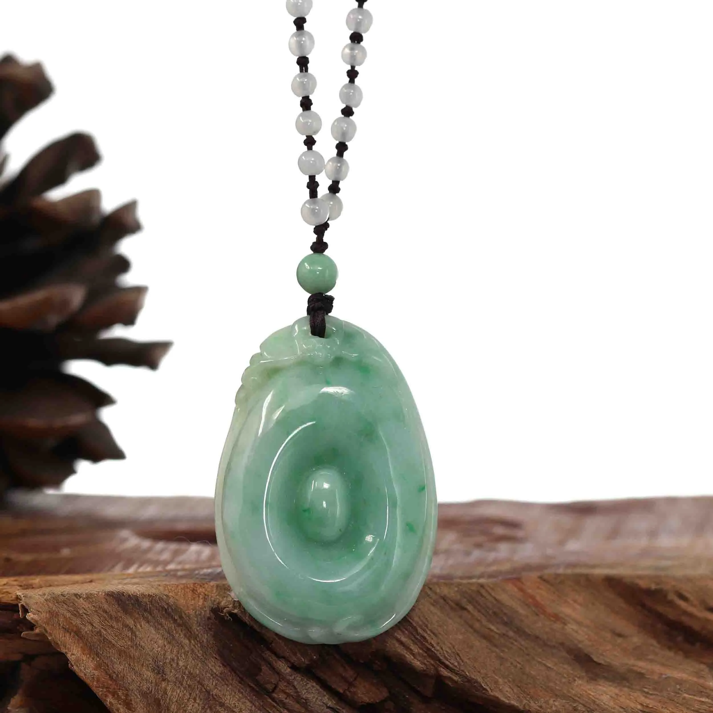 Genuine Green Jadeite Jade Fu Pendant Necklace With Real Ice Jadeite jade Beads Necklace