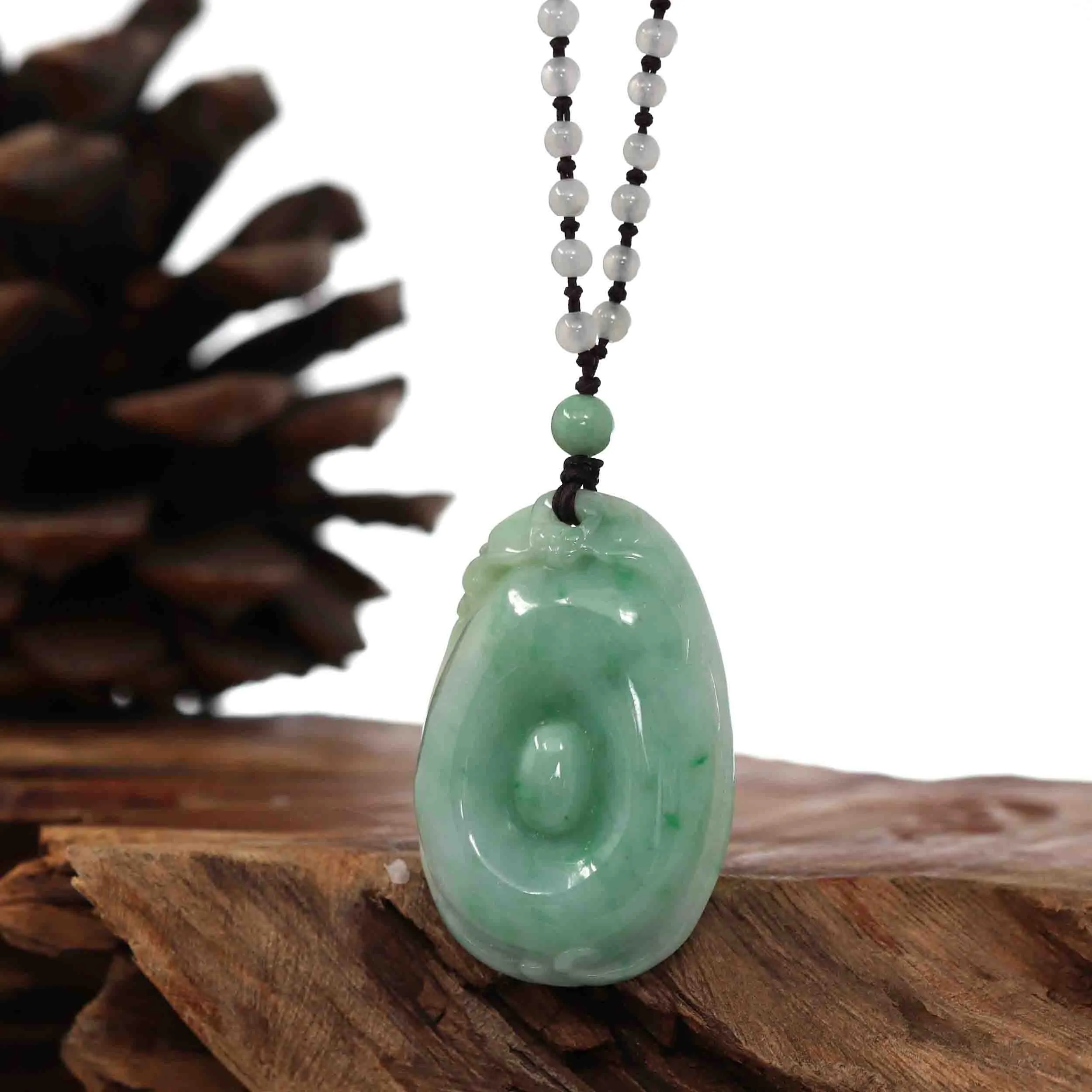 Genuine Green Jadeite Jade Fu Pendant Necklace With Real Ice Jadeite jade Beads Necklace