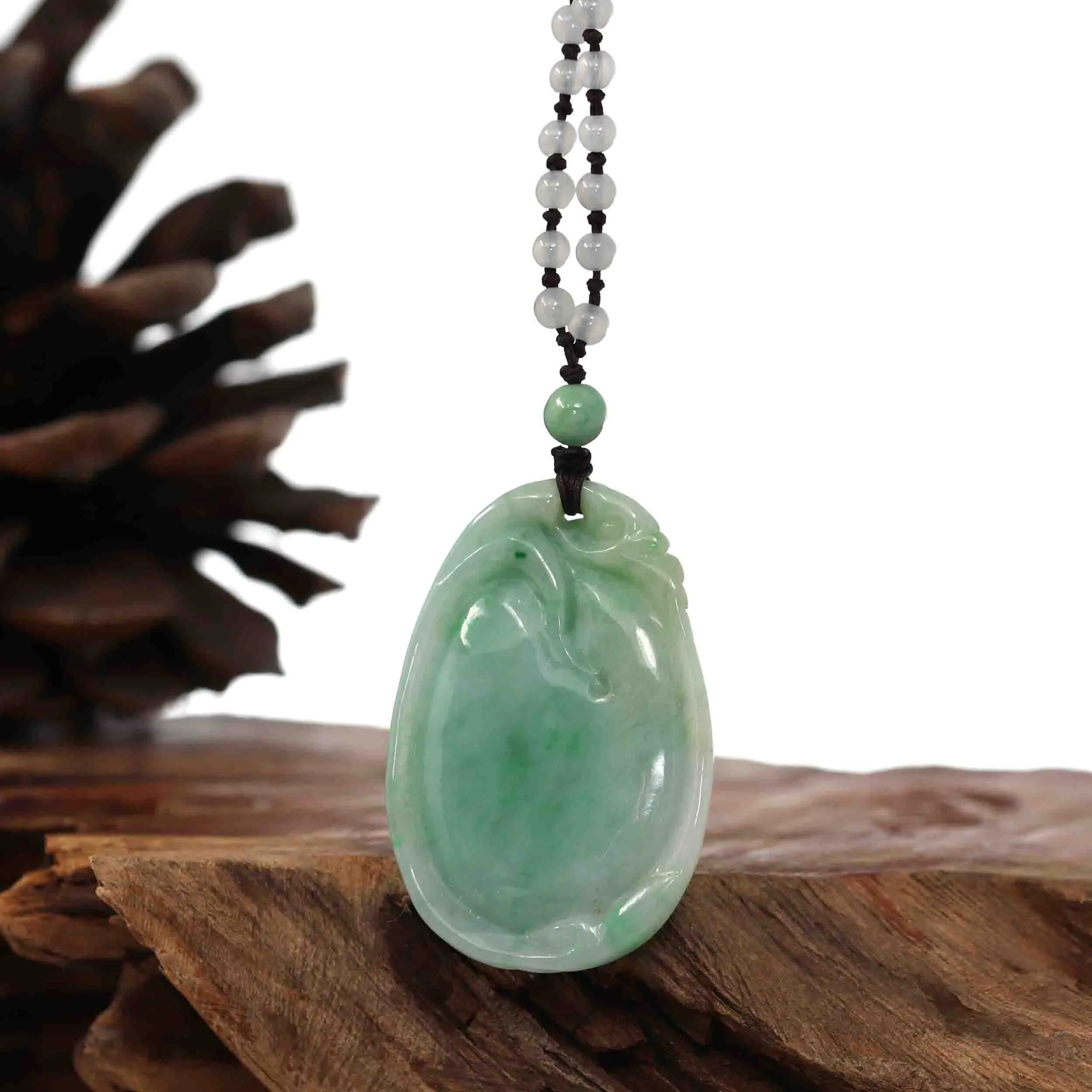 Genuine Green Jadeite Jade Fu Pendant Necklace With Real Ice Jadeite jade Beads Necklace