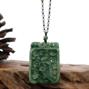 Genuine Green Jadeite Jade "Lucky Bird on Branch" Pendant Necklace With Real Jadeite jade Beads Necklace