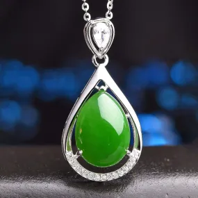 Genuine Green Nephrite Jade Tear Drop Pendant Necklace With CZ