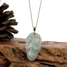 Genuine Ice Green Jadeite Jade Jin Zhi Yu Ye (Leaf) Necklace With Yellow Gold Bail