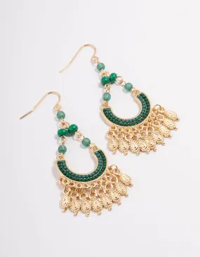 Gold & Green Bead Tassel Crescent Drop Earrings