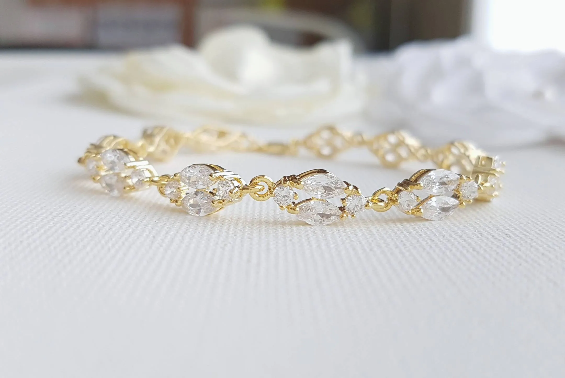 Gold Crystal Wedding Bracelet in Marquis Tennis Bracelet Style-Hayley