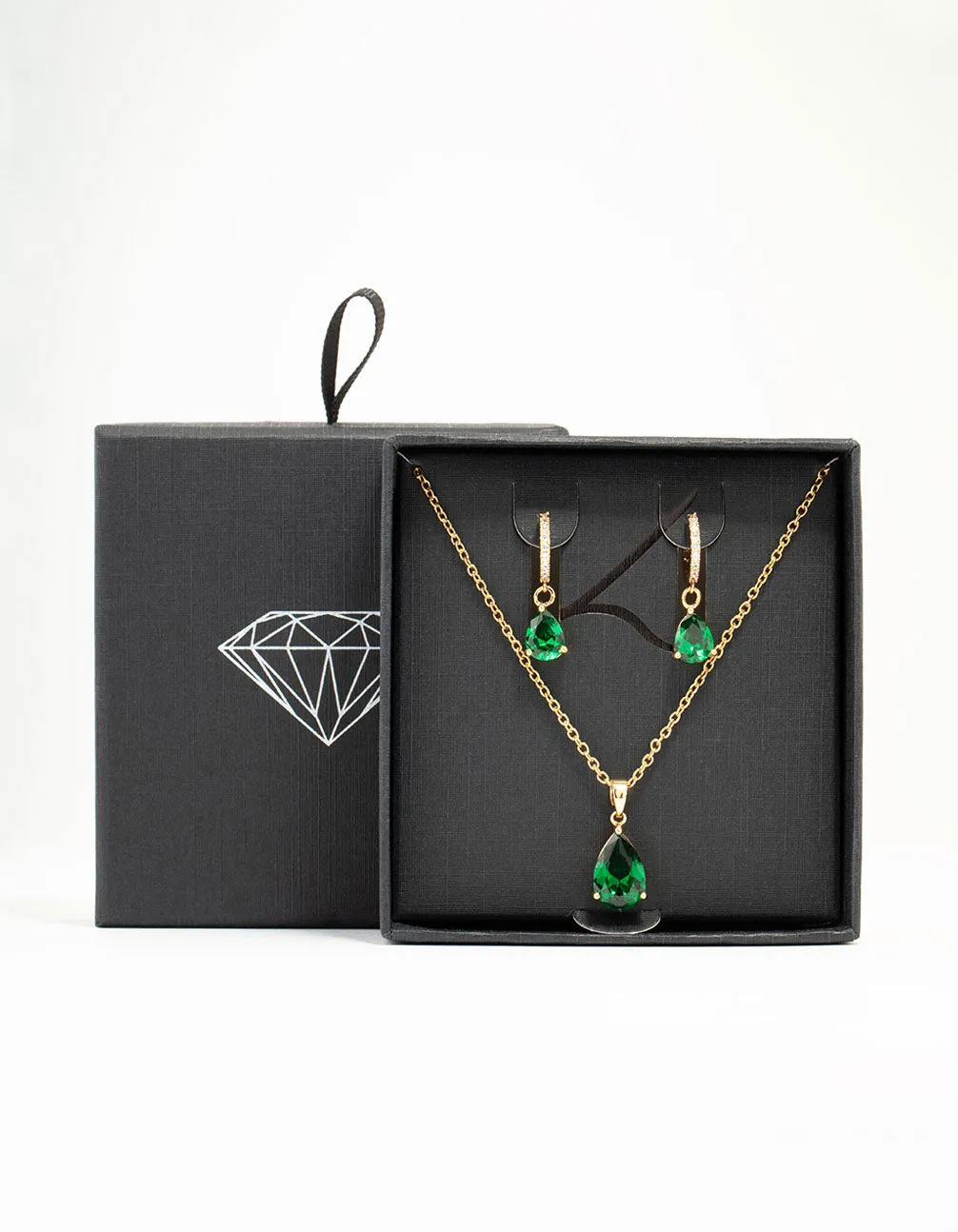 Gold Plated Emerald Teardrop Diamante Drop Necklace & Earrings Set