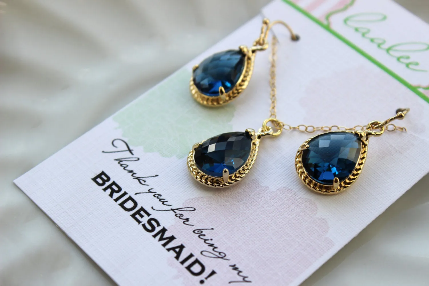 Gold Sapphire Blue Earring Necklace Set Navy Jewelry Set Sapphire Wedding Jewelry Set Bridesmaid Jewelry Bridal Gift Personalized Note Card