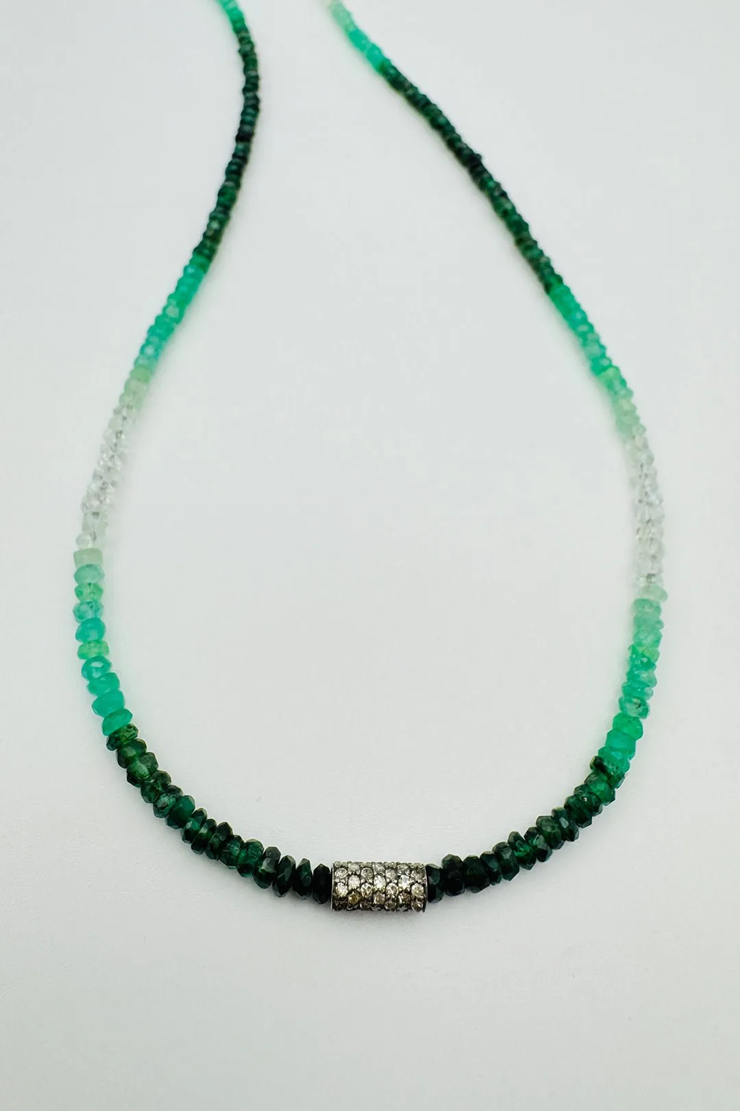 GRADIENT EMERALD NECKLACE WITH DIAMOND TUBE BEAD