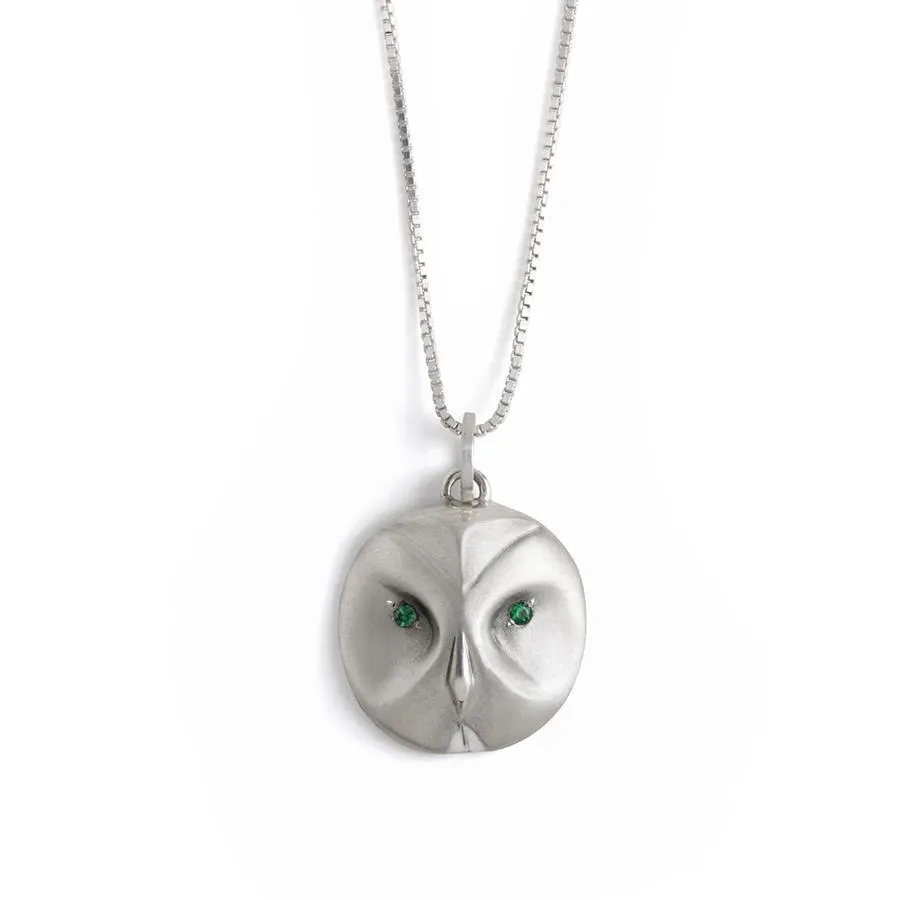 Great Grey Owl Necklace With Emerald Eyes