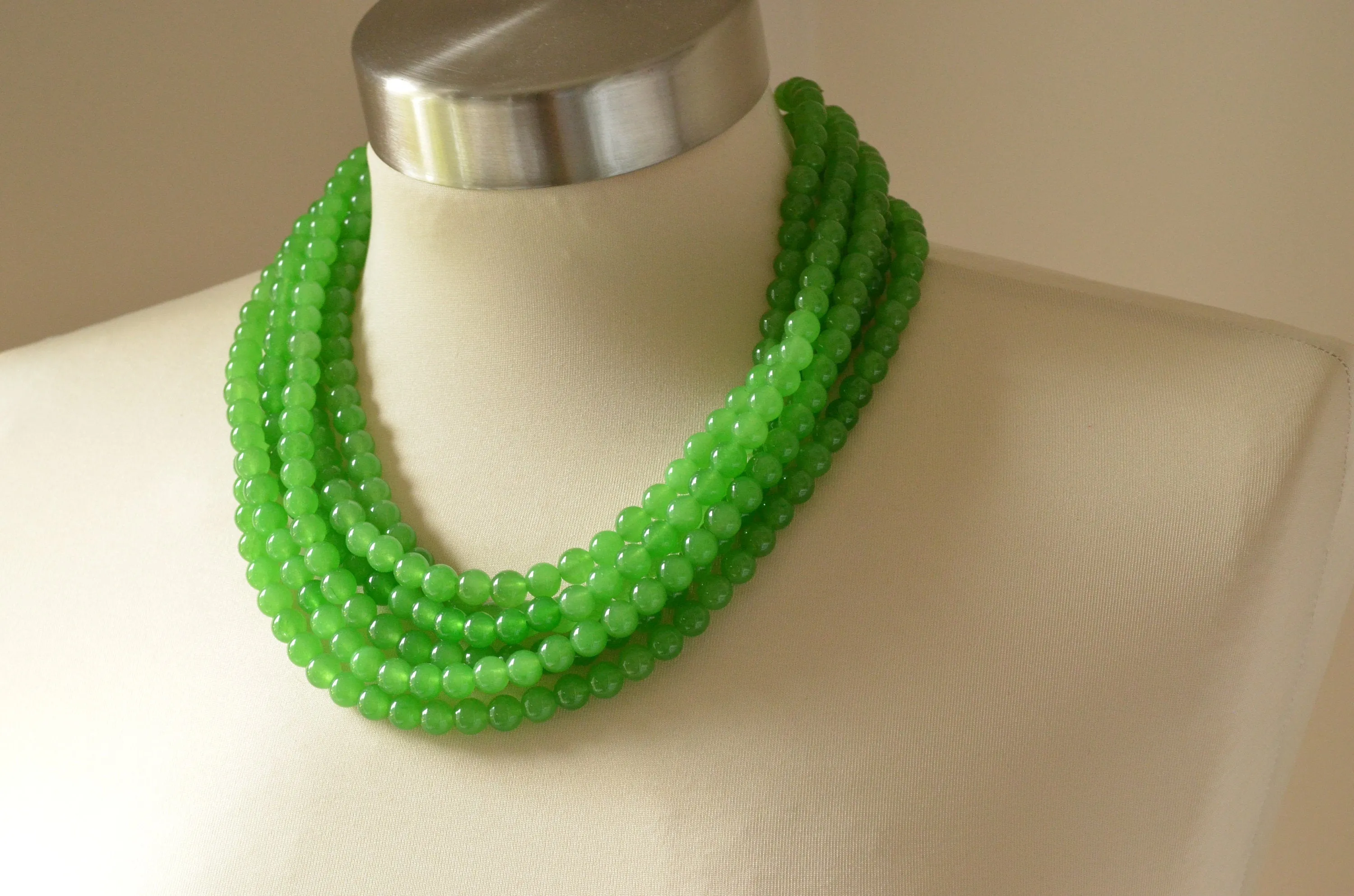 Green Jade Beaded Chunky Multi Strand Statement Necklace - Michelle