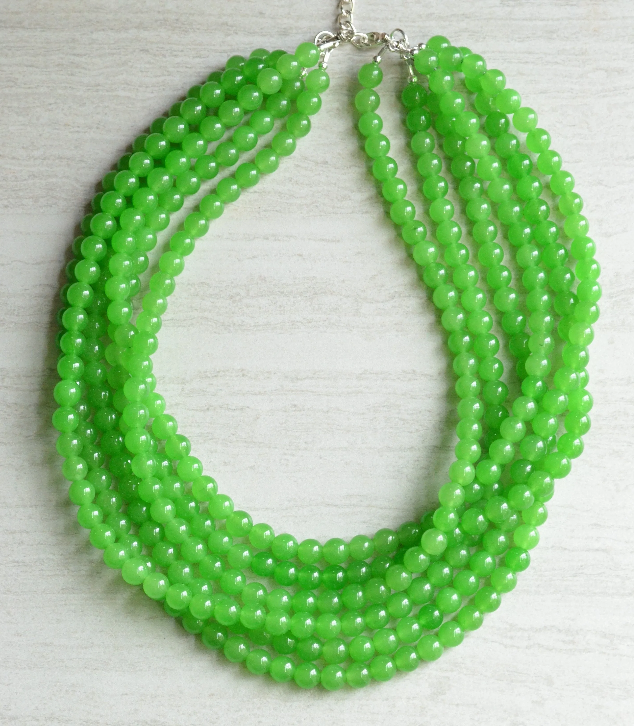 Green Jade Beaded Chunky Multi Strand Statement Necklace - Michelle