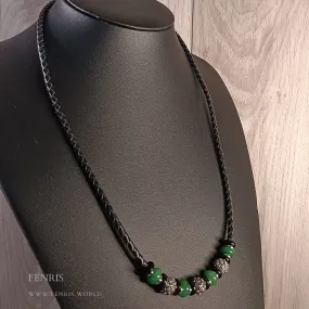 Green Jade Necklace Silver Black Leather