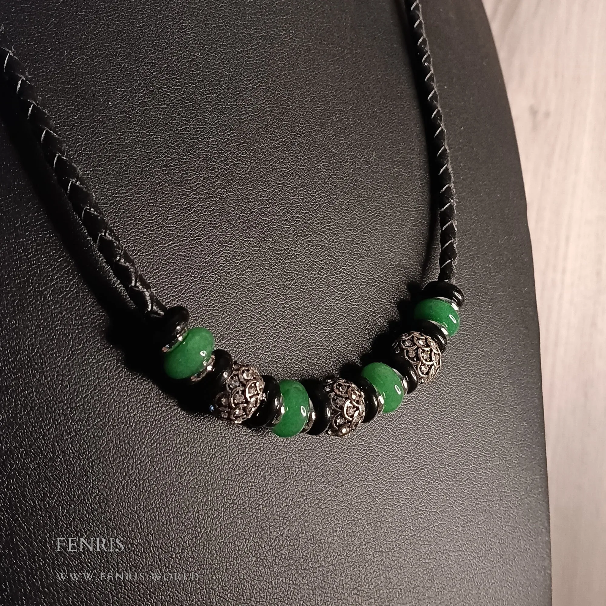 Green Jade Necklace Silver Black Leather