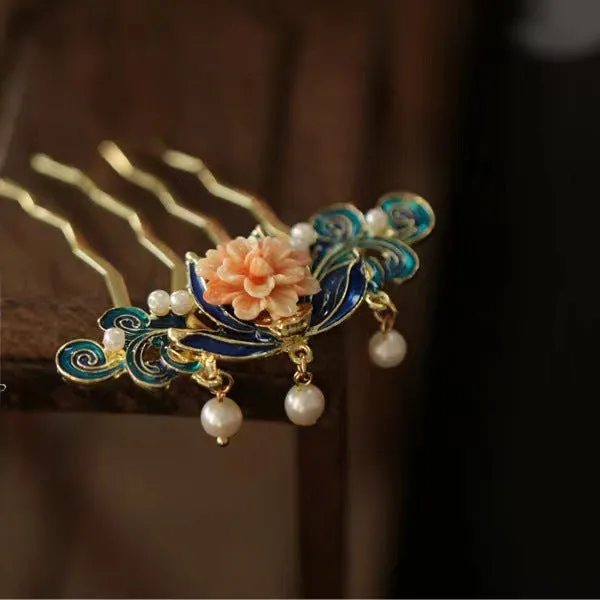 Hair comb with side cover, Hanfu headdress, Ming Dynasty accessories, blue tassels, New Year hair accessories