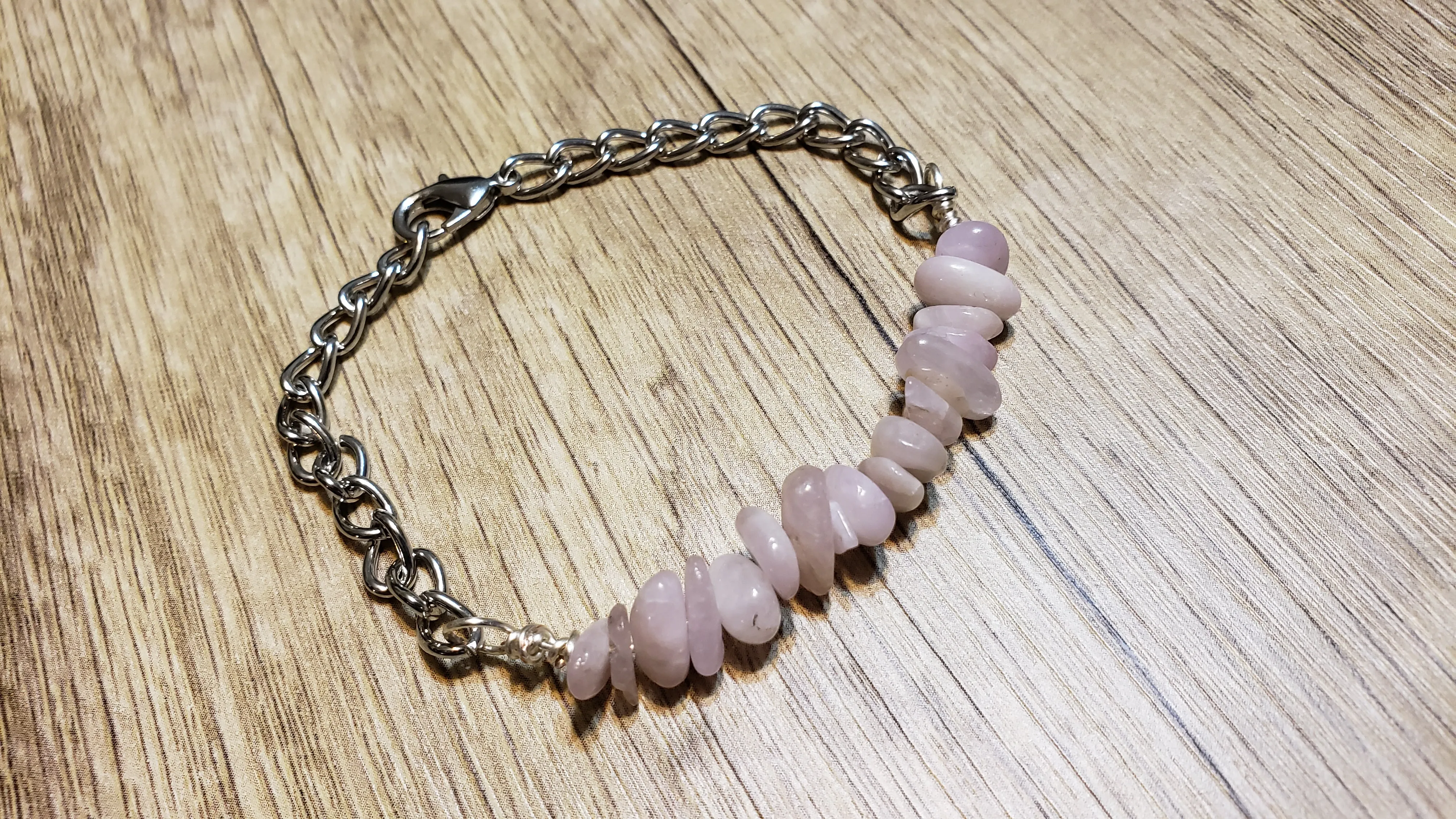 Hand Crafted All Natural Kunzite Gemstone & Chain Adjustable to 8" Bracelet with Lobster Claw Clasp