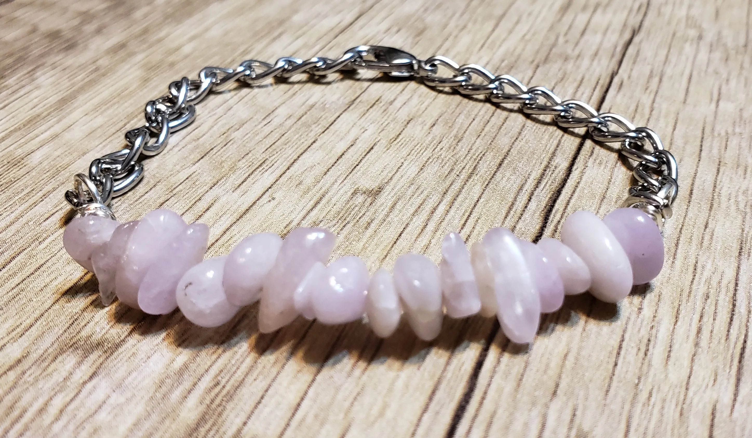 Hand Crafted All Natural Kunzite Gemstone & Chain Adjustable to 8" Bracelet with Lobster Claw Clasp