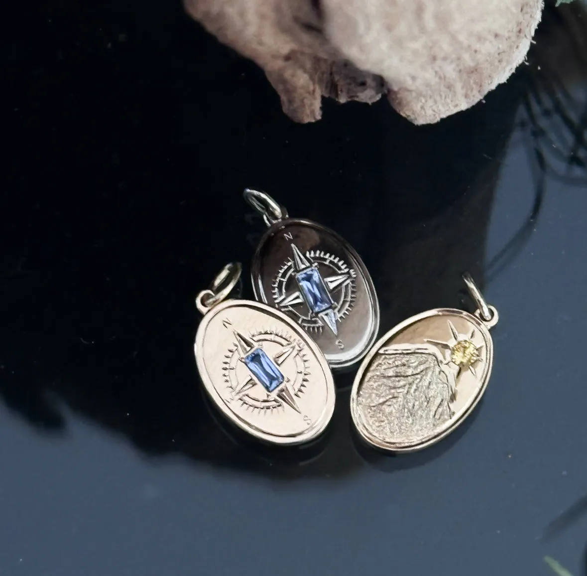 Hand Engraved Mountain   Compass Charms with Montana Sapphires for Necklace