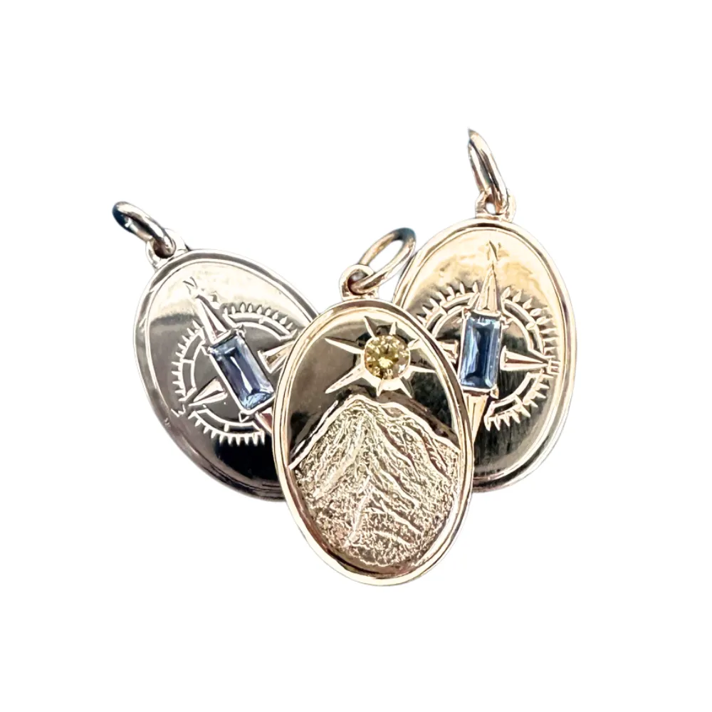 Hand Engraved Mountain   Compass Charms with Montana Sapphires for Necklace