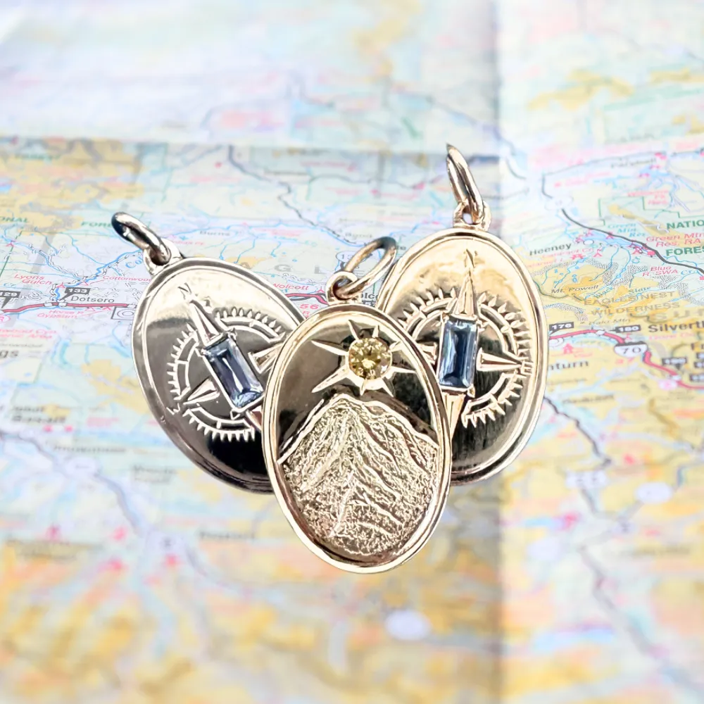 Hand Engraved Mountain   Compass Charms with Montana Sapphires for Necklace