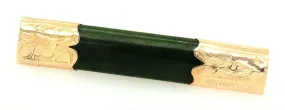 Handmade Nephrite Jade Vintage Bar Brooch 9ct Yellow Gold Hand Engraved Caps