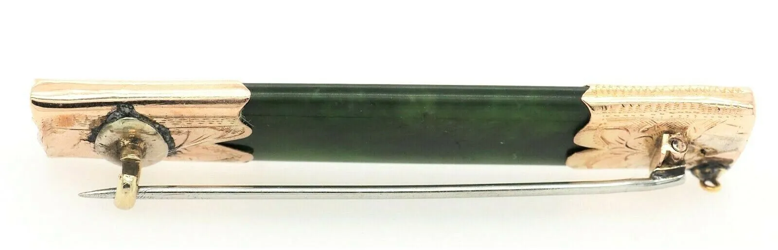 Handmade Nephrite Jade Vintage Bar Brooch 9ct Yellow Gold Hand Engraved Caps