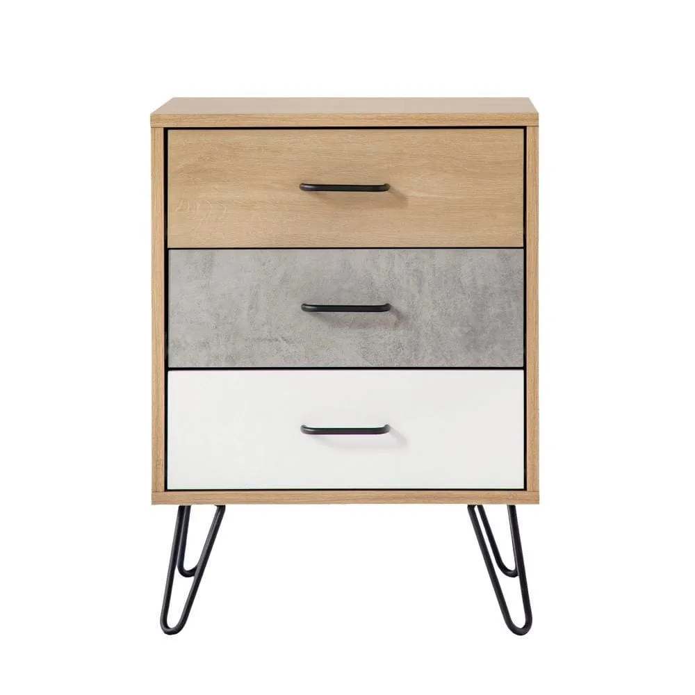 Harper 24 Inch Handcrafted Modern Tricolor Wood Nightstand, 3 Drawers, Metal Hairpin Legs, Oak, White, Gray By The Urban Port