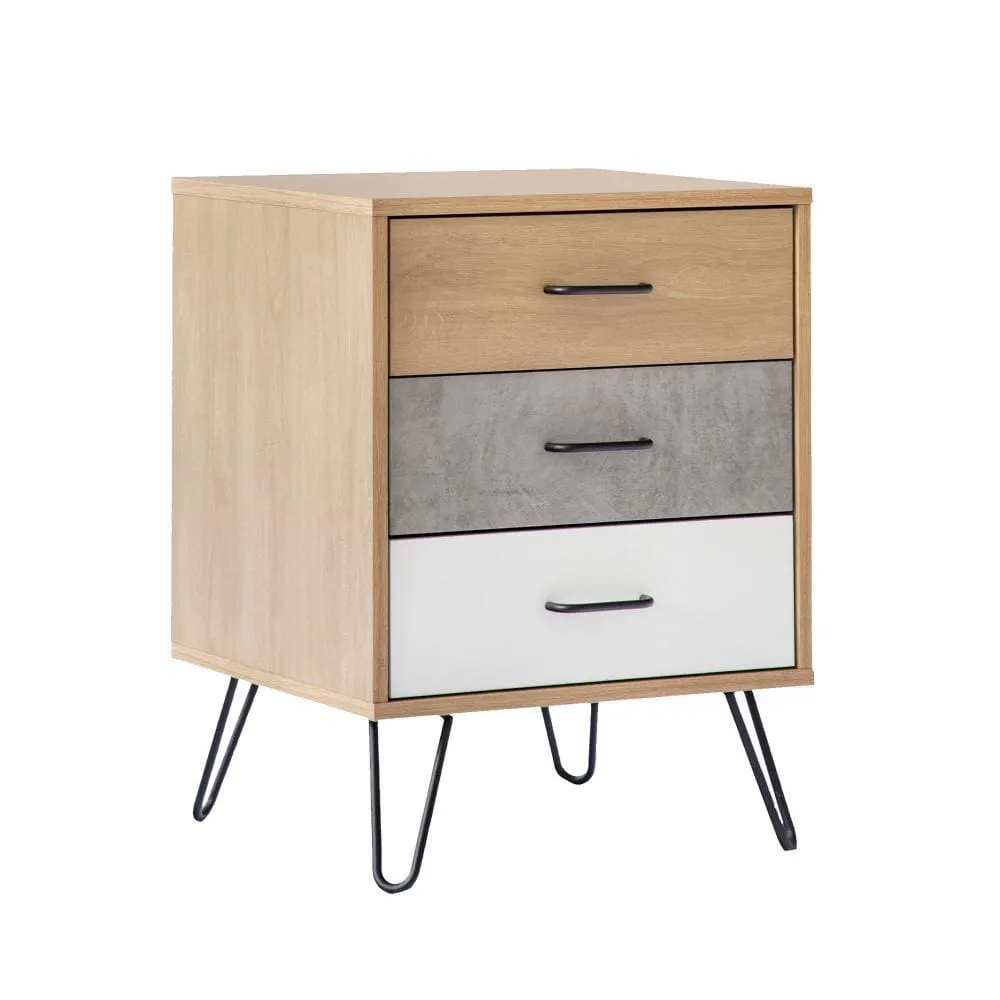 Harper 24 Inch Handcrafted Modern Tricolor Wood Nightstand, 3 Drawers, Metal Hairpin Legs, Oak, White, Gray By The Urban Port