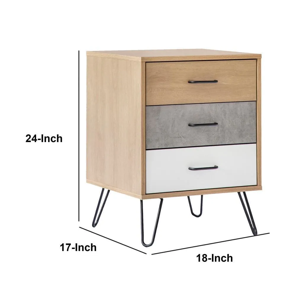 Harper 24 Inch Handcrafted Modern Tricolor Wood Nightstand, 3 Drawers, Metal Hairpin Legs, Oak, White, Gray By The Urban Port