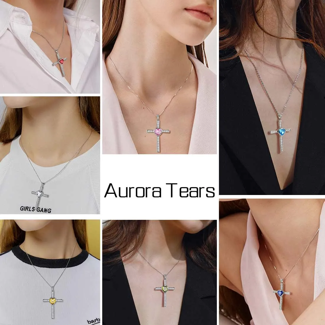 Heart Birthstone September Sapphire Cross Necklace Pendant Women Girls Jewelry Birthday Gift