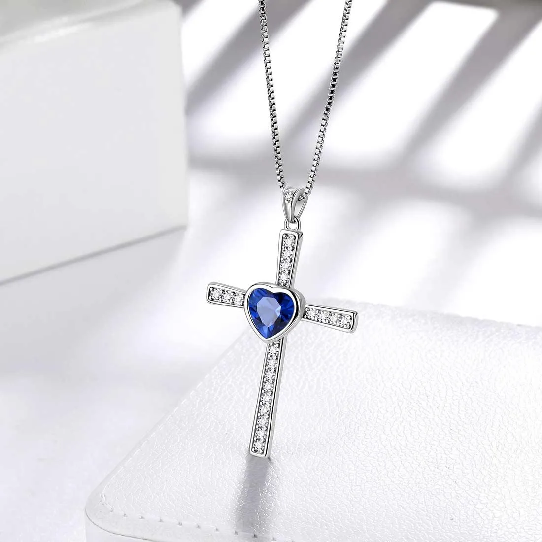 Heart Birthstone September Sapphire Cross Necklace Pendant Women Girls Jewelry Birthday Gift