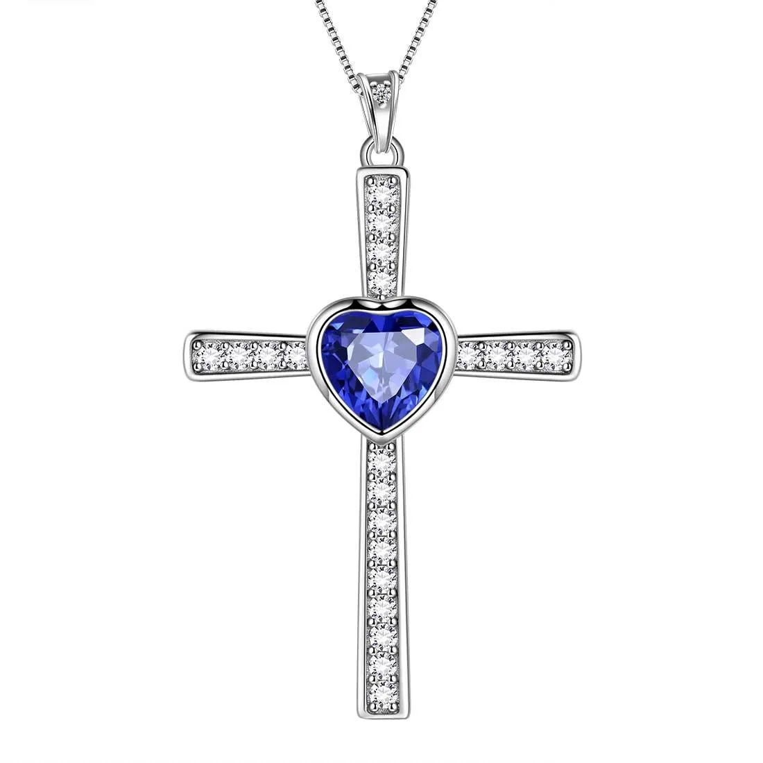 Heart Birthstone September Sapphire Cross Necklace Pendant Women Girls Jewelry Birthday Gift