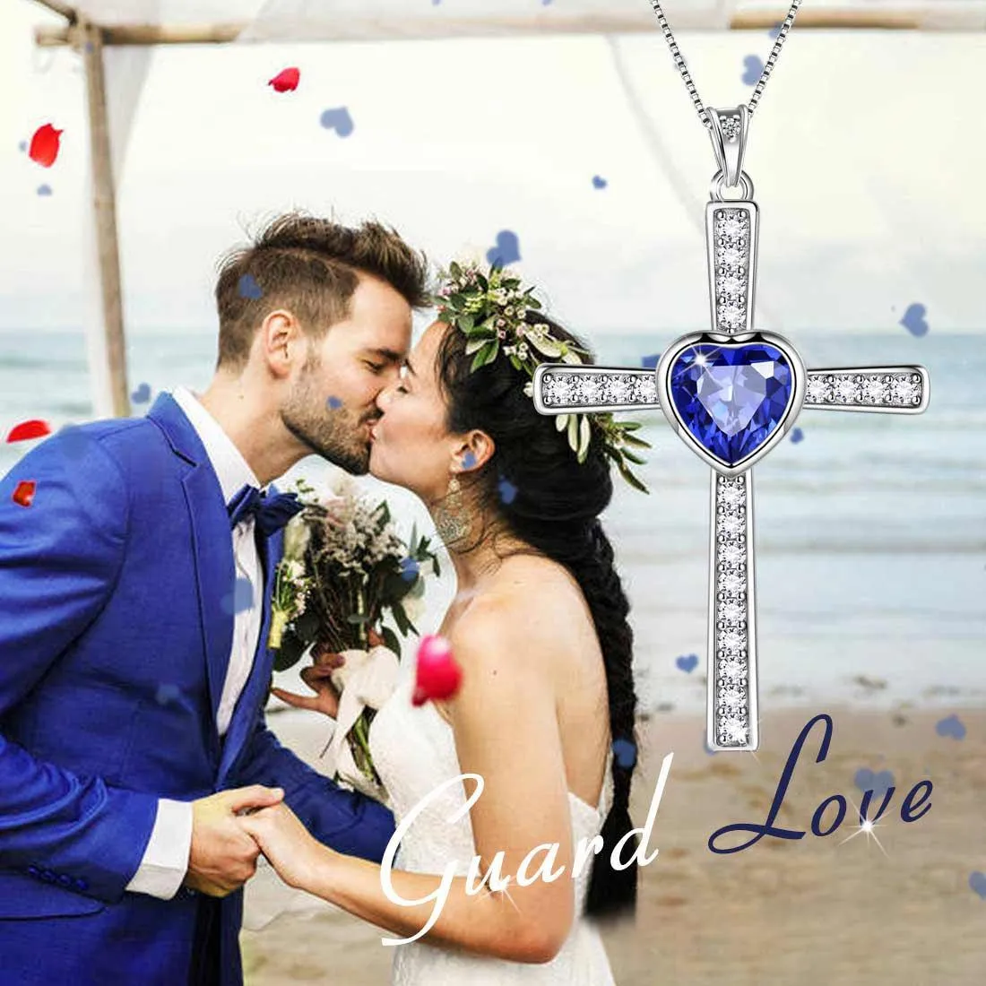 Heart Birthstone September Sapphire Cross Necklace Pendant Women Girls Jewelry Birthday Gift