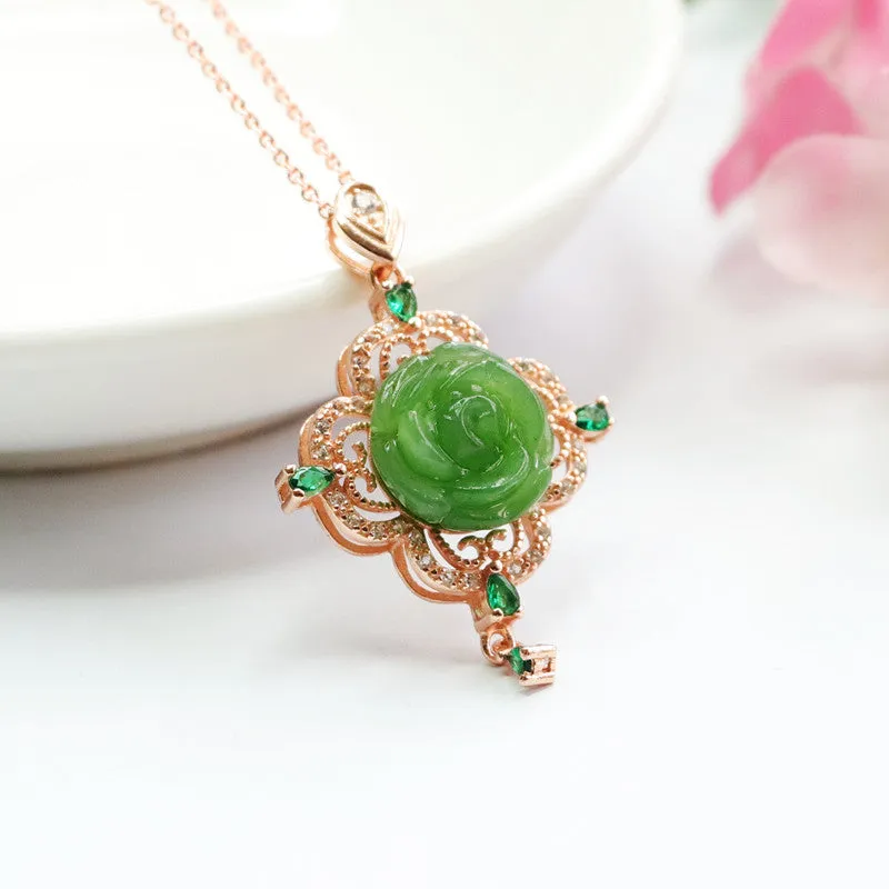 Hetian Jade Jasper Rose Hollow Pendant Necklace crafted in Sterling Silver