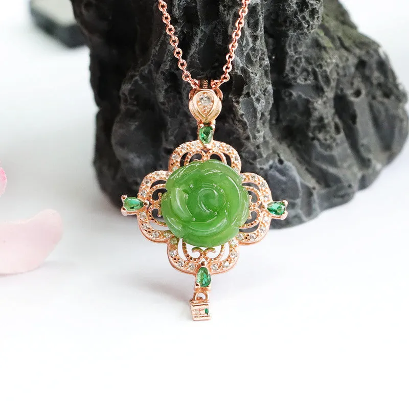 Hetian Jade Jasper Rose Hollow Pendant Necklace crafted in Sterling Silver