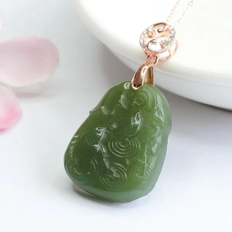 Hetian Jade Lotus Fish Pendant Sterling Silver Necklace from Planderful Fortune's Favor Collection