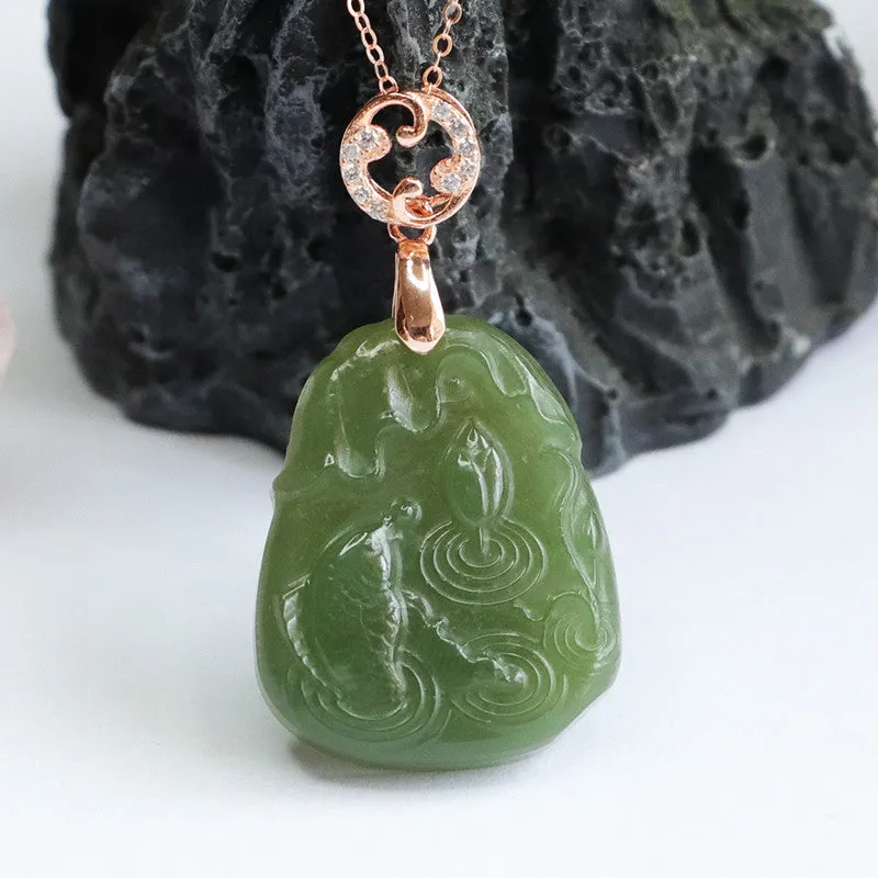 Hetian Jade Lotus Fish Pendant Sterling Silver Necklace from Planderful Fortune's Favor Collection