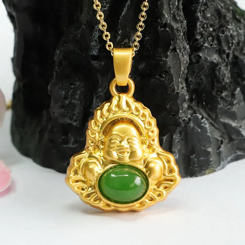 Hetian Jade Maitreya Buddha Oval Pendant with Jasper Accents