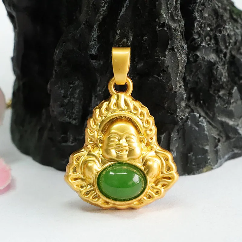 Hetian Jade Maitreya Buddha Oval Pendant with Jasper Accents