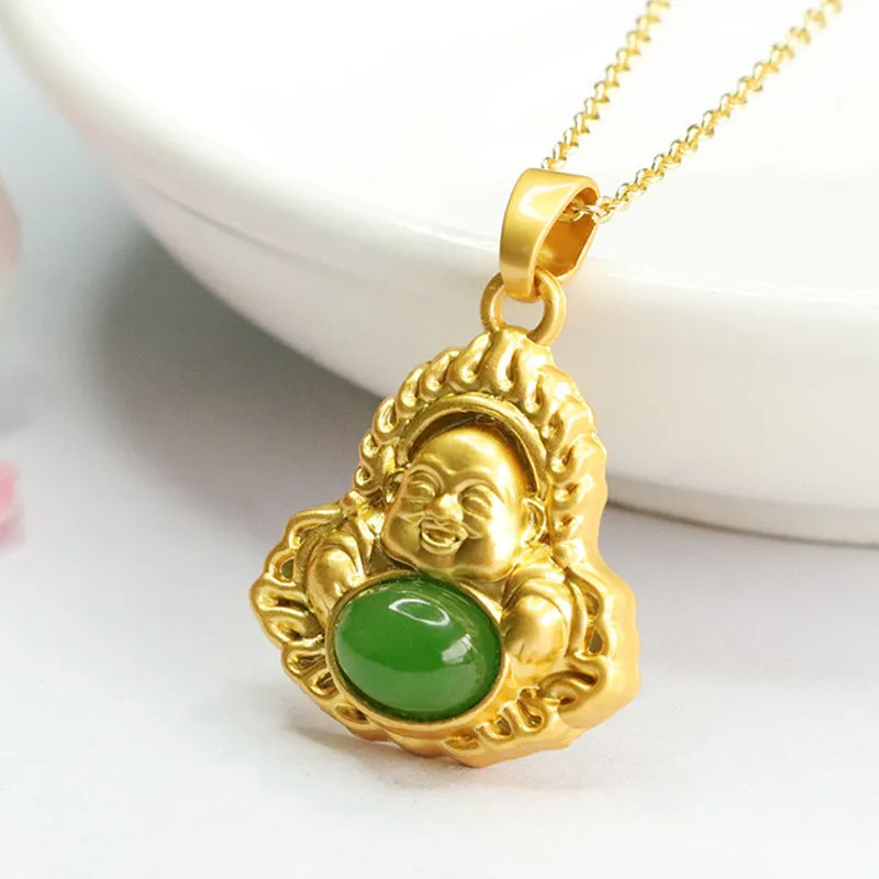 Hetian Jade Maitreya Buddha Oval Pendant with Jasper Accents