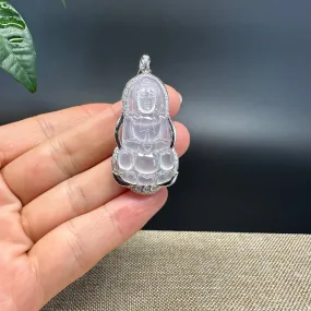 High-end 18K White Gold Burmese Icy Jadeite Jade Guanyin Pendant with Diamond