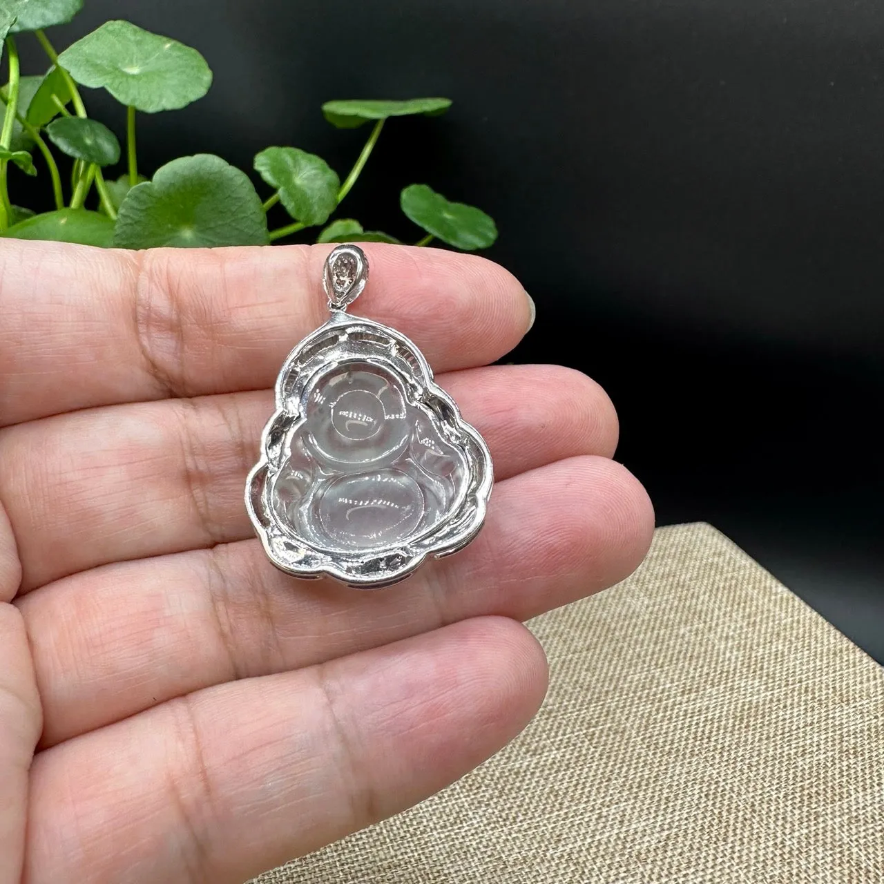 High end RealJade® "Laughing Buddha" 18k White Gold Genuine Ice Jadeite Jade Pendant