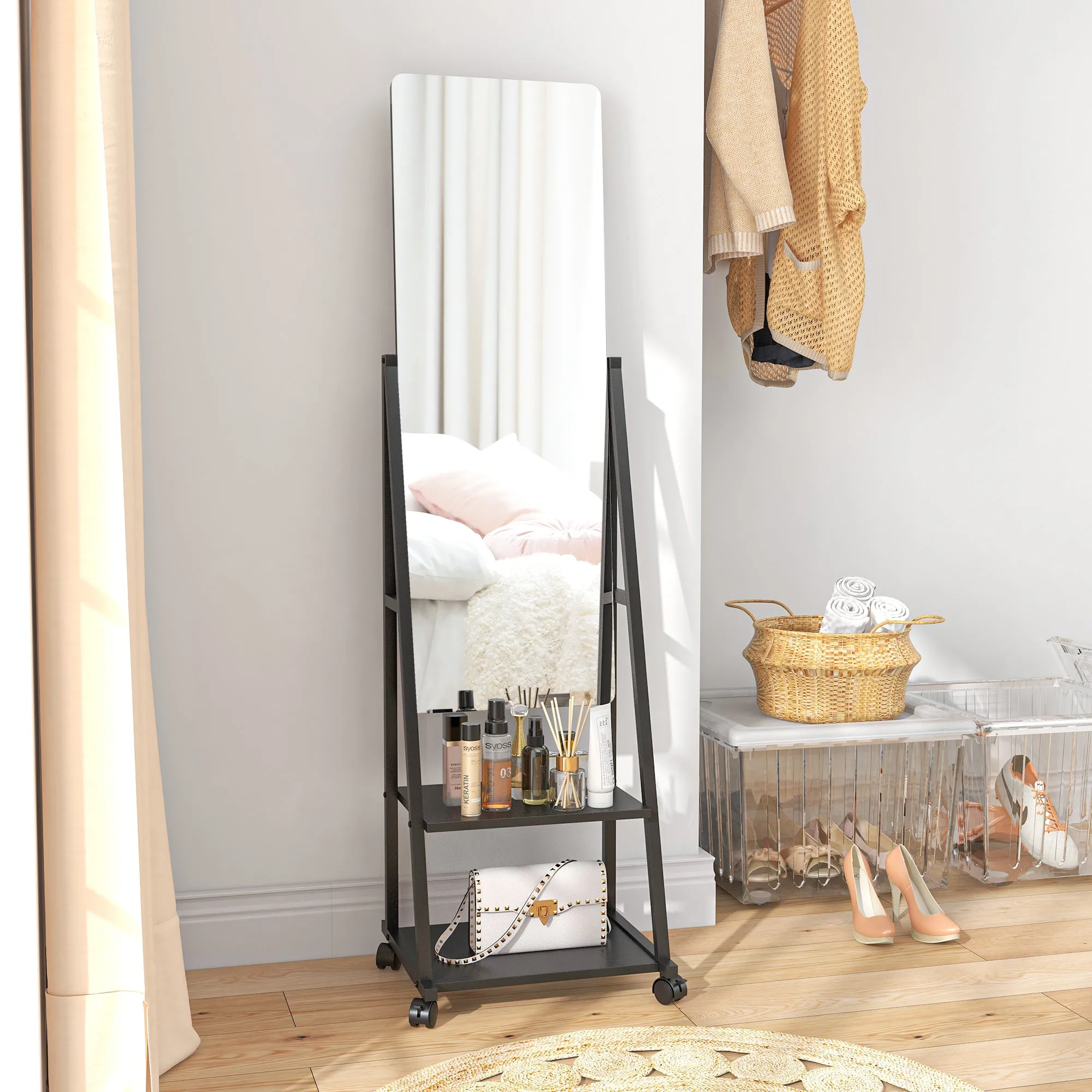 HOMCOM Free Standing Full Length Mirror, Rolling Full Body Mirror with Adjustable Angle, 2 Storage Shelves and 4 Wheels for Bedroom, Living Room, Hallway, Black