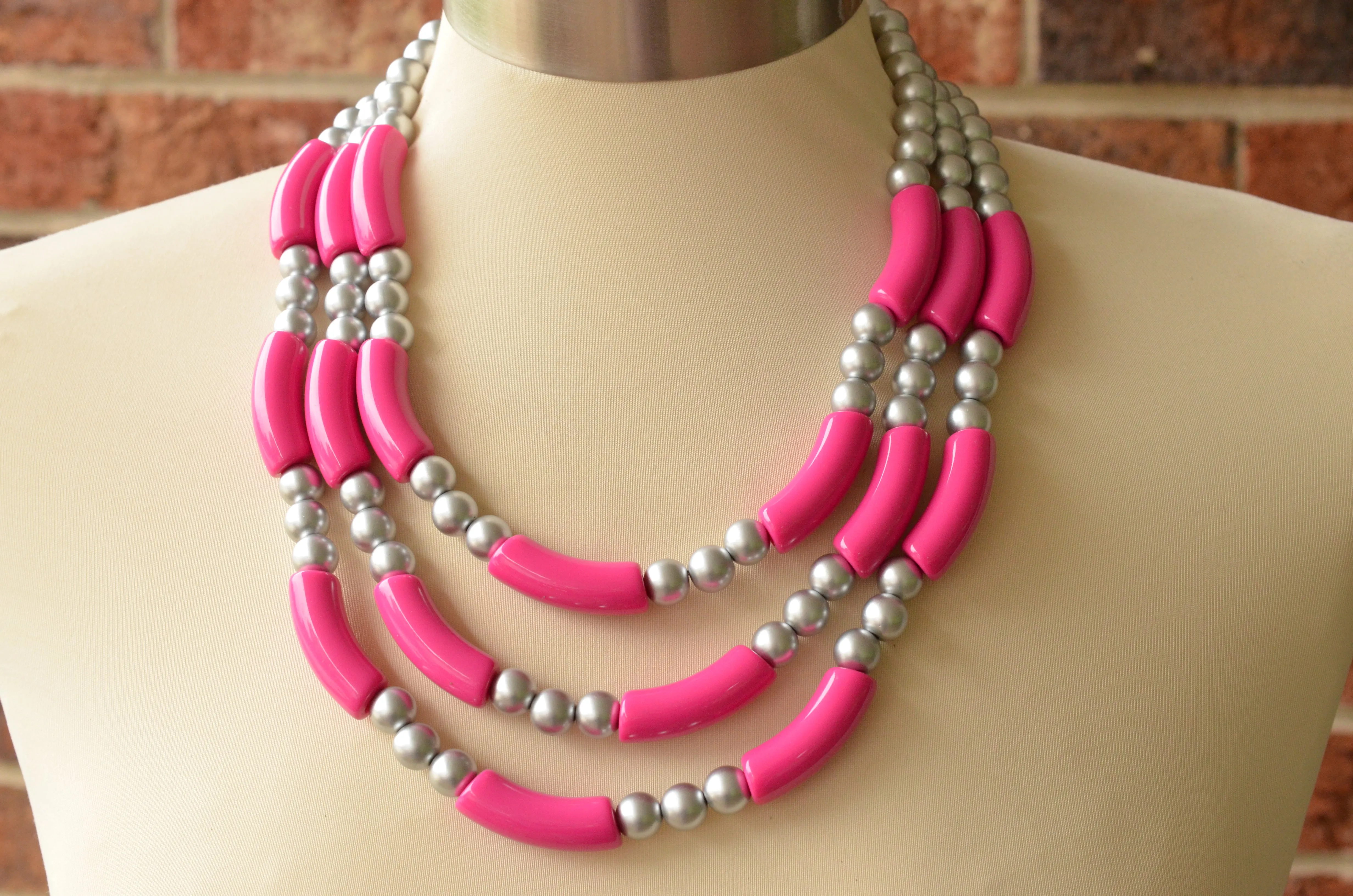 Hot Pink Silver Acrylic Tube Bead Multi Strand Statement Necklace - Tanya