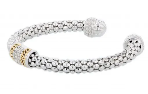 Italian sterling silver bangle bracelet with 0.20ct. diamonds and solid 14K yellow gold accent