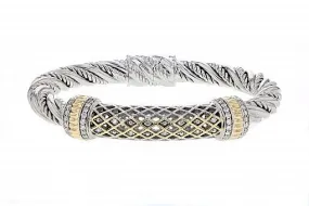 Italian Sterling Silver Bangle Bracelet with 0.72ct diamonds and 14K solid yellow gold accents