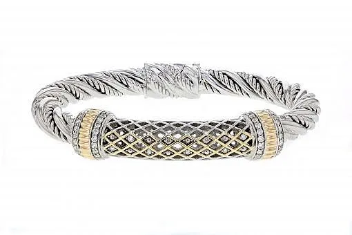 Italian Sterling Silver Bangle Bracelet with 0.72ct diamonds and 14K solid yellow gold accents