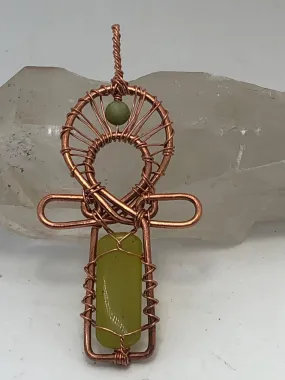 Jade Copper Egyptian Kemetic Coptic Cross  Ankh Wirewrapped Wearable Pendant Necklace