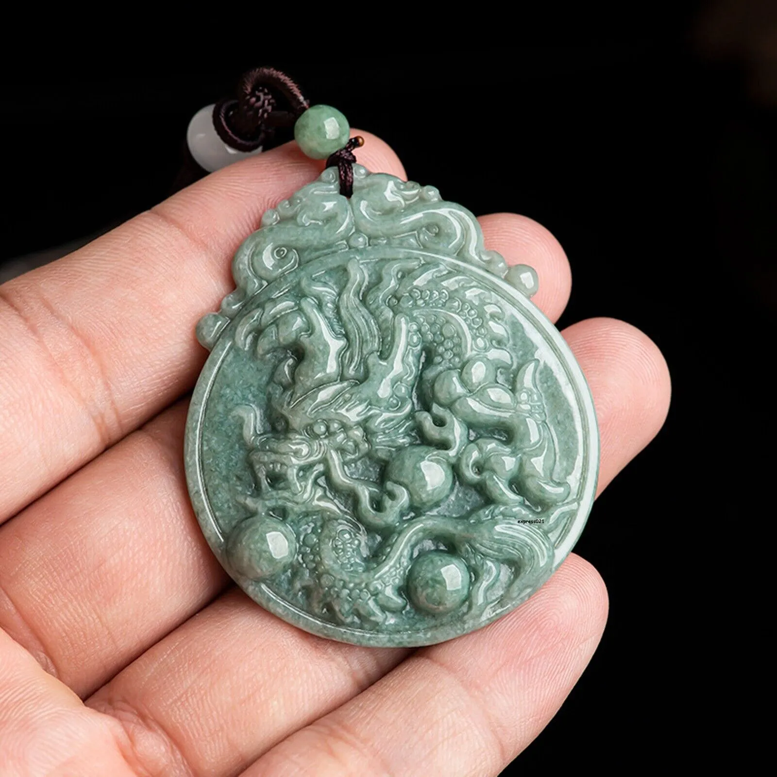 Jade Dragon Chasing the Flaming Pearl Pendant Necklace